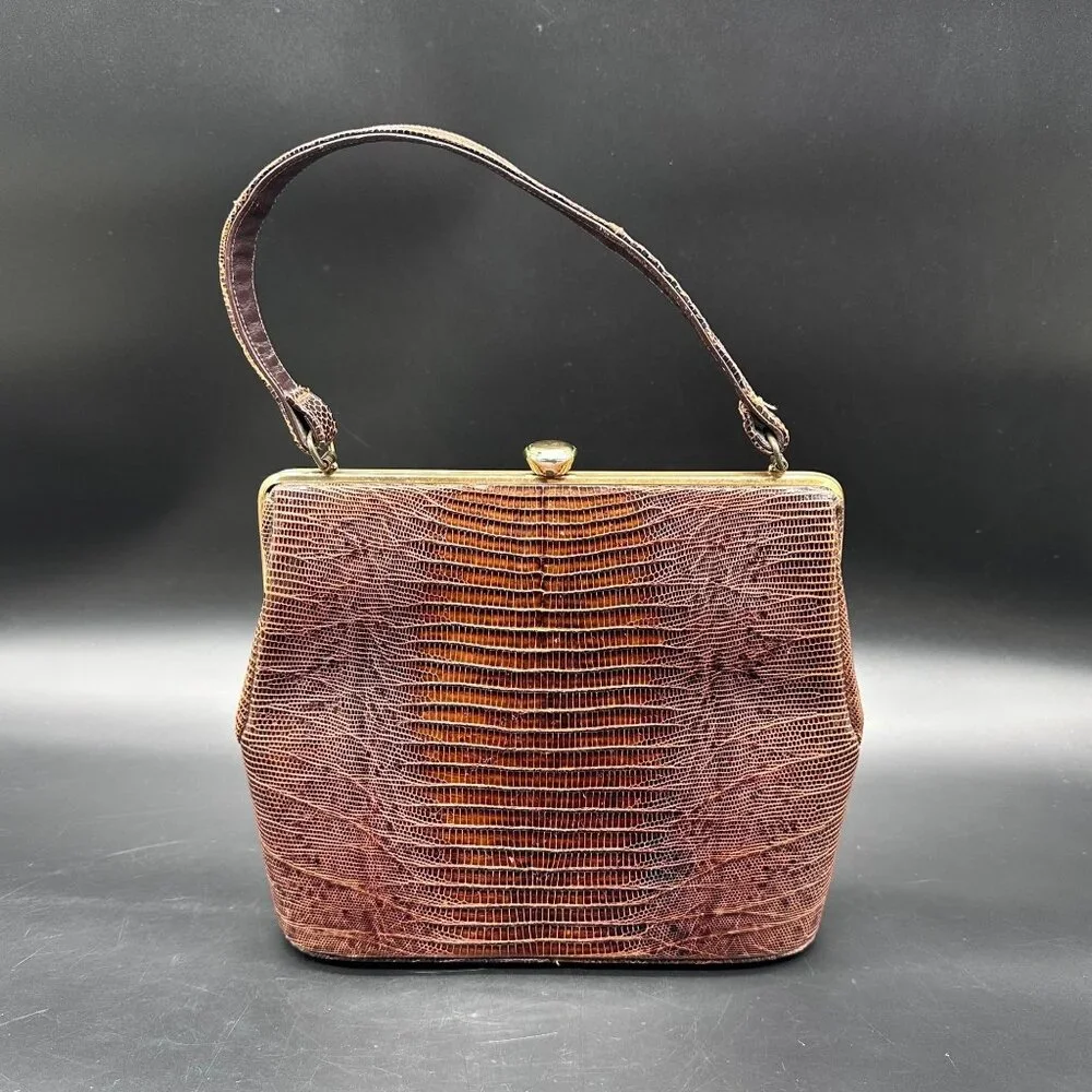 Vintage Purse Lizard Leather Handbag Lesco Mid Century Brown Gold Hardware Retro - Picture 2 of 16